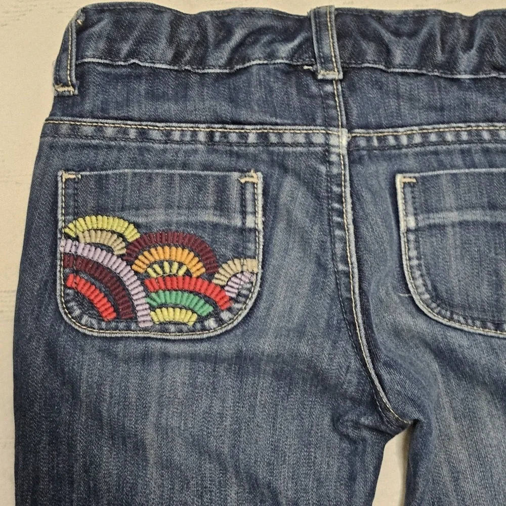 Old Navy Bootcut Jeans Girls 7‎ Blue Rainbow Embroidered Dark Wash Stretch Boho